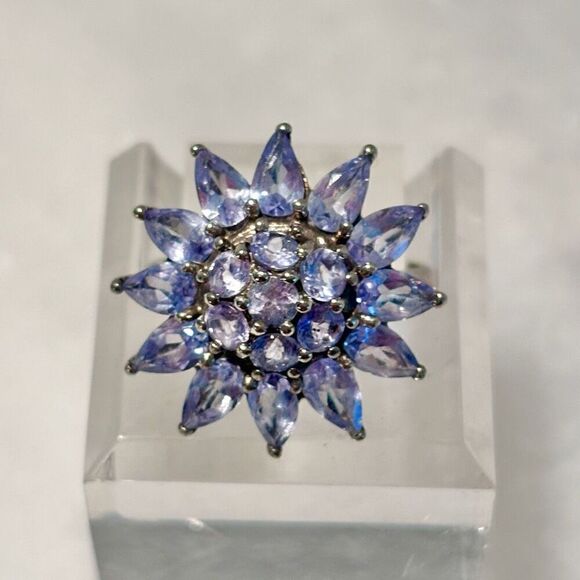 Antique Sterling Silver & Tanzanite Starburst Flower Cocktail Ring Blue Sz 4.75 - Picture 1 of 5